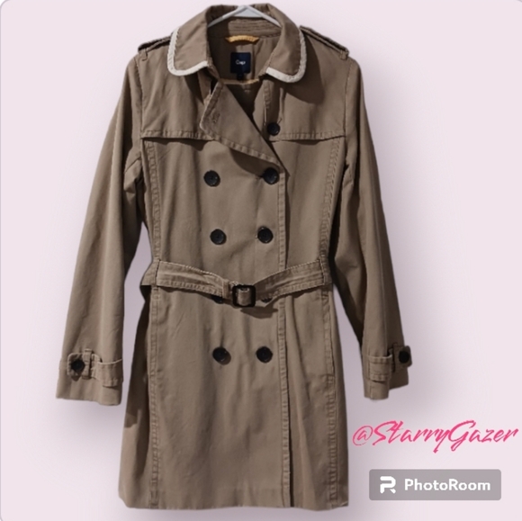 Gap Trench Coat Khaki Cream Trim Collar - Picture 4 of 11